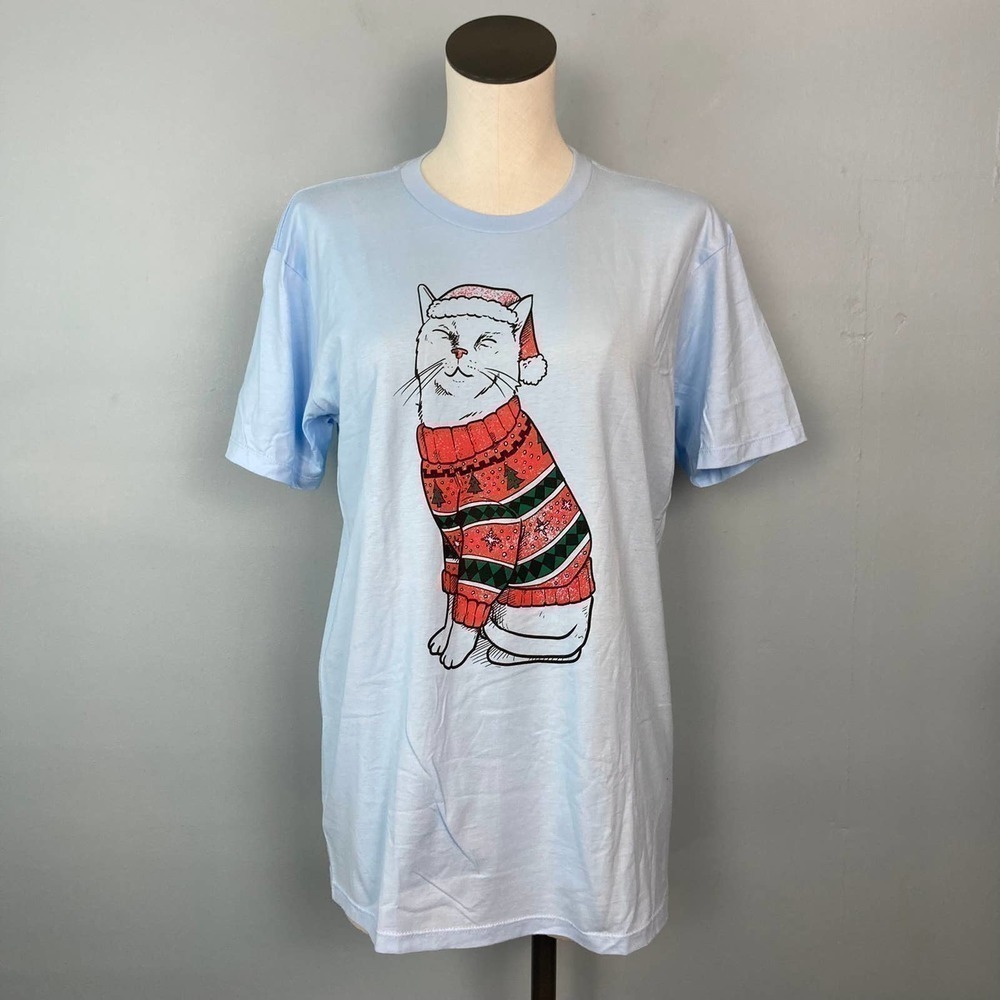 𝅺alstyle Cat In Ugly Christmas Sweater and Hat Graphic T-Shirt Size M Light Blue